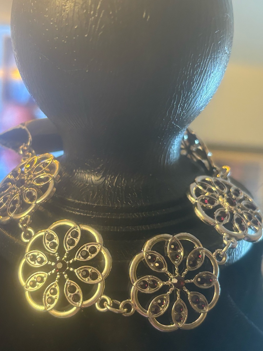 Silver -Tone Floral Link Necklace with Red Accent Stones